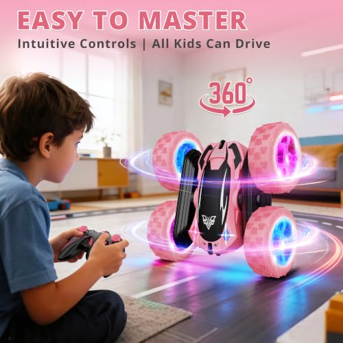 Remote Control Car, 2.4GHz RC Stunt Car, Double Sided Rotating RC Cars | LED Headlight & LED Wheel, 360° Flips High Speed Off Road RC Crawler Xmas Gift for 5 6 7 8-12 Year Old Girls Toys (Pink) - color: Pink