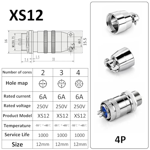 CLYXGS 4 Pack XS12 Aviation Plug Connector, 4 Pin 12mm Push-Pull Circular Connector, 6A 250V Quick Disconnect Wire Cable Male & Female Plug Socket Kit for Industrial, Automotive, and Marine - style: XS12-4
