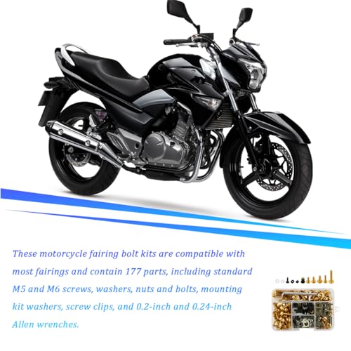 195PCS M5 M6 Motorcycle Fairing Bolt Kits, Stainless Steel Windshield Fairing Screws Fastener, Motorbike Windscreen Bolts Nut Clips Kit, Universal for Dirt Bike Scooters Motocross (Gold) - color: Gold