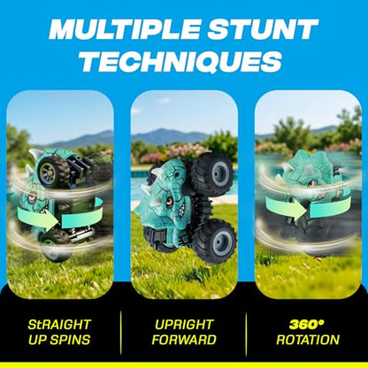 BEZGAR Monster Truck Toys, RC Cars with Mist Spray & Light, Two Batteries | Cyan Dinosaur Toys, 360° Stunt Spins RC Truck with Music, 4WD Remote Control Car for Boys 4-7, 40+ Mins Battery Life - color: Cyan