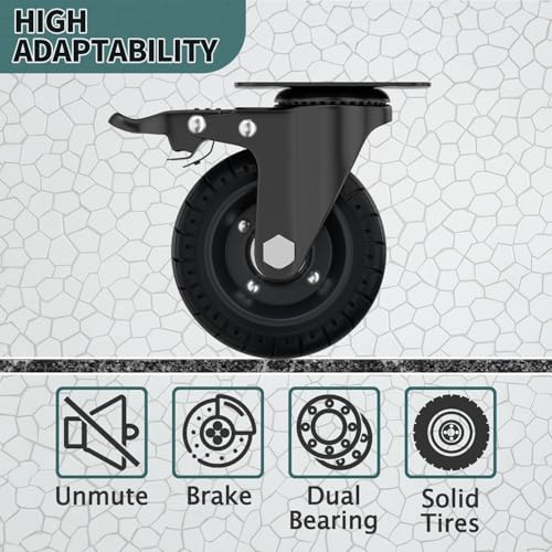 4'' Plate Caster Wheel Swivel with Brake Solid Rubber Iron Rim | Dual Lock, Set of 4, 1000 Lbs Load, Steel Core, Silent Soft Tire, All Terrain, Outdoor, Off Road, for DIY Carts, Workbench