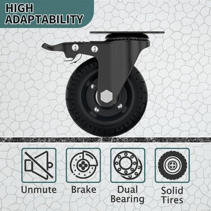 4'' Plate Caster Wheel Swivel with Brake Solid Rubber Iron Rim | Dual Lock, Set of 4, 1000 Lbs Load, Steel Core, Silent Soft Tire, All Terrain, Outdoor, Off Road, for DIY Carts, Workbench