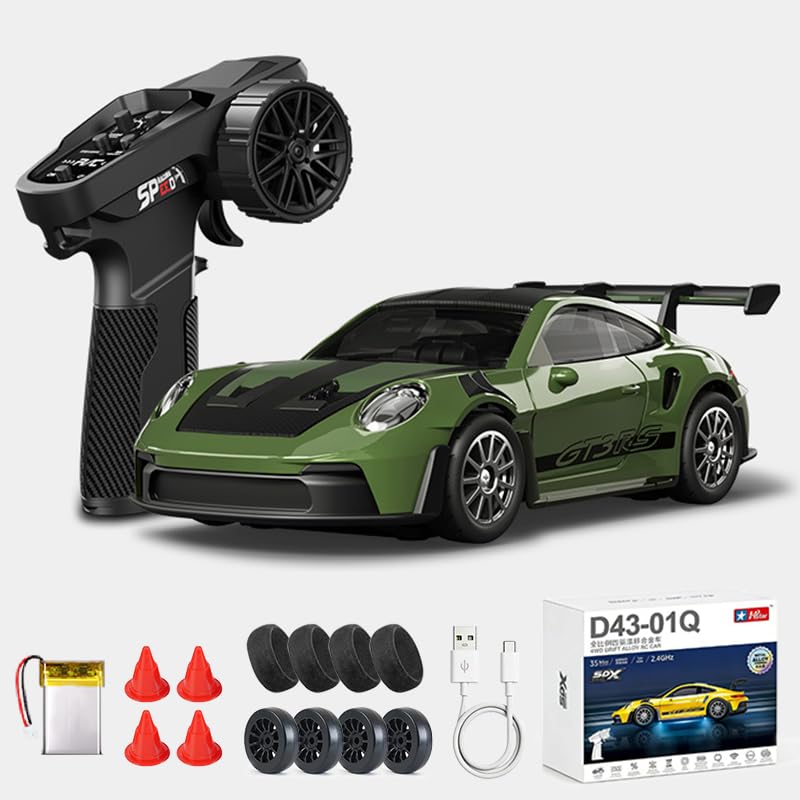 1:43 RC Drift Car D43-01 - 2.4G Full Proportional 4WD Alloy 20KM/H High Speed RC Racing Car with Gyro, Silent Bearings, Adjustable Speed & Lighting(Q9/Dark Green/D43-01) - color: Q9/Dark Green, size: D43-01