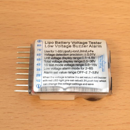 RotorLogic® 1-8S LiPo Battery Voltage Meter Checker Tester with Buzzer Alarm