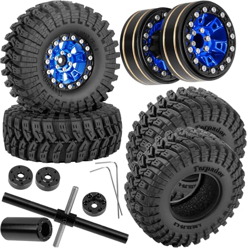RC 1.3 Beadlock Wheels and Tires Single & Dually for 1/18 TRX4M Ascent-18,1/24 SCX24 FCX24 RC Crawler Car,Aluminium & Brass 1.3 Rims w/All Terrain Rubber Tire,4pcs,Navy Blue w/Black - color: Navy Blue(4pcs)