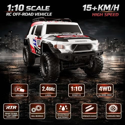 RC Cars RC Crawler 1/10 Scale RTR Remote Control Car 4WD 2.4GHz Brushed Offroad Racing Hobby Grade Model Vehicle with LED Lights 2Pcs Battery Toy for Kids and Adults - color: D-red