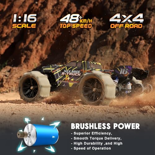 HAIBOXING 16890A Brushless RC Car, 1/16 Scale 4X4 Fast Remote Control Truck | Fast Truck 48 KM/H Top Speed, Hobby RC Cars for Adults and Boys, All Terrain Off-Road Truck，Spare Paddle Tires for Sand& Snow - color: 16890a Yellow