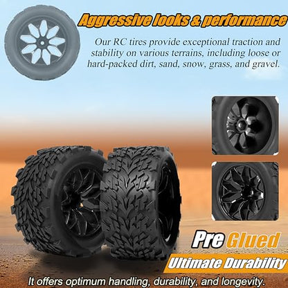 RC Station 12mm Hex RC Wheels and Tires 1/10 Scale RC Truck Tires and Wheels for Traxxas Rustler Stampede 2wd 4x4 vxl Hoss E-Revo Redcat Volcano EPX RIAARIO AMORIL Tires and Wheels Preglued 4PCS
