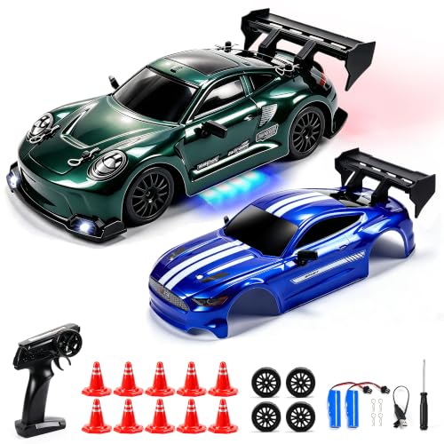 1:24 RC Drift Car, 20KM/H 4WD High Speed Remote Control Car with 2 Batteries, Extra Body Shell, Drift Tires, 10 Cones & LED Lights, 2.4GHz Racing Car Toy for Boys Girls.