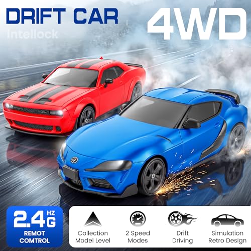 IntelLock 1:24 RTR RC Drift Car with Scratch-Free Drift Tires, 4WD High-Speed JDM, 2 Rechargeable Batteries, LED Lights, 2.4GHz Remote Control Car for Kids & Adults, Indoor/Outdoor (Blue 2)