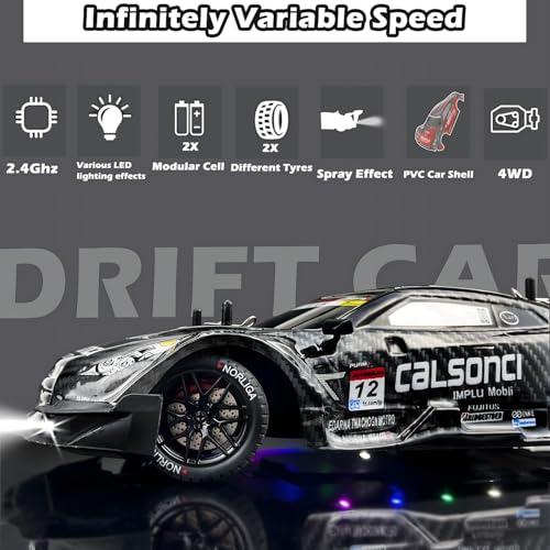 HTURCCOP 1:16 RC Drift Car 2.4GHz Spray 4WD LED Lights 30+KM/H High Speed Remote Control Car 2 Batteries 60Min Infinitely Variable Speed Drift Car Toys for Adults and Kids (Black 1:16) - color: Black 1:16