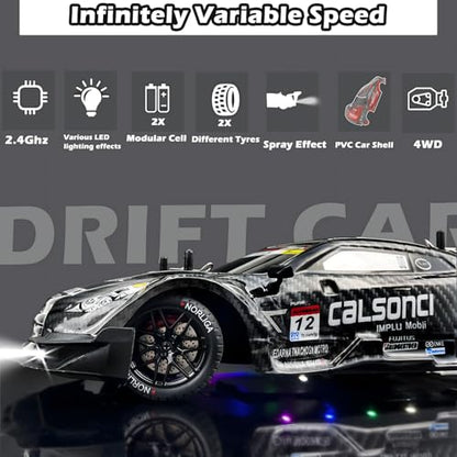 HTURCCOP 1:16 RC Drift Car 2.4GHz Spray 4WD LED Lights 30+KM/H High Speed Remote Control Car 2 Batteries 60Min Infinitely Variable Speed Drift Car Toys for Adults and Kids (Black 1:16) - color: Black 1:16
