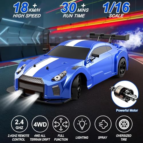 Dollox RC Drift Car 1/16 Scale Remote Control Car 2.4GHz 4WD High Speed 18+KM/H Race Car with LED Light and Spray, Extra Drifting Tires Racing Vehicle Toy Birthday Gifts for Adults Boys, 2 Batteries - color: Blue
