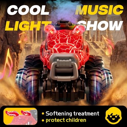 BEZGAR Monster Truck Toys, 1:18 Remote Control Monster Truck with Water Spray & Dancing Spins, 4WD RC Truck for Boys 4-7, RC Cars with 2 Batteries, Toys for 4+ Year Old Boys - color: Red