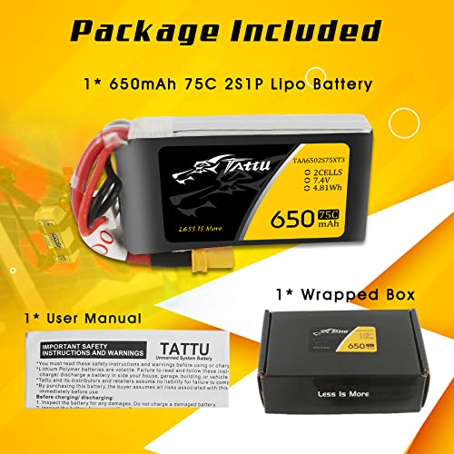 TATTU 650mAh 2S 7.4V 75C LiPo Battery Pack with XT30 Plug for 120 Size FPV Torrent 110