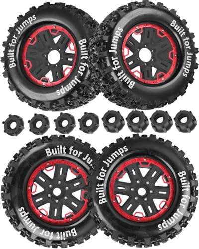 RC Truck Tires 1/8 1/7 1/10 17mm Hex RC Wheel Tires for1/7 FIRETEAM 6S,1/8 KRATON/NOTORIOUS/OUTCAST 6S BLX,1/8Sledge1/10 Revo/Summit/T-Maxx/E-Revo,Hard Plastic Rubber Tyres,Red&Black - color: Red With Black(4PCS）