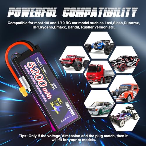 7.4V Lipo Battery 2S 5200mAh 80C Lipos Hard Case with XT60 Connector for RC Car Trucks 1/8 1/10 RC Vehicles(2 Packs) - color: XT60