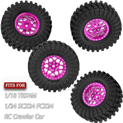 RC 1.3 Beadlock Wheels and Tires for 1/18 TRX4M 1/24 SCX24 FCX24 RC Crawler Car,4pcs RC 1.3 in Brass Rims & Aluminum Beadlock Wheels Rims and Tires,Pink - color: Pink - (4pcs 1.3 Tires)