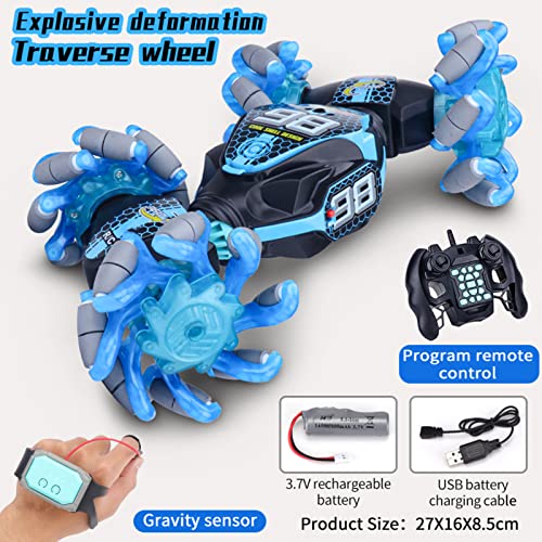 GoolRC Gesture Sensing RC Stunt Car, 4WD 2.4GHz Remote Control Car, Transformer Toy Cars with LED Lights, Double Sided Driving, 360?Rotating and Explosive Wheel for Adults (Blue) - color: Blue