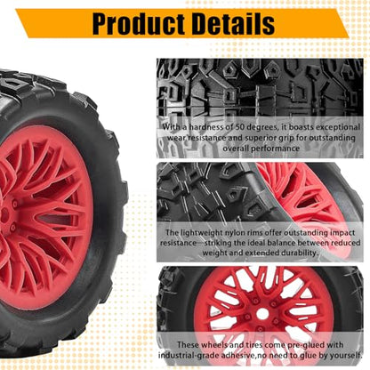 Pre-Glued 1/16 & 1/18 RC Monster Truck Rubber Tire & Nylon Wheel - 12mm Hex | Rubber Tires with Foam Fits for ARRMA 1/18 Granite/Typhon Grom, WLtoys A949, MJX Hyper Go H16 (4PCS, Red) - color: Red