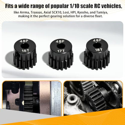3PCS 48P Pinion Gear Set Hardened Steel 3.175mm Shaft 16T 17T 18T with Screws & Hex for 1/10 RC Arrma Traxxas HPI Kyosho Losi Axial SCX10 Tamiya Monster Truck Buggy Motor Upgrade Parts - size: 16 17 18T