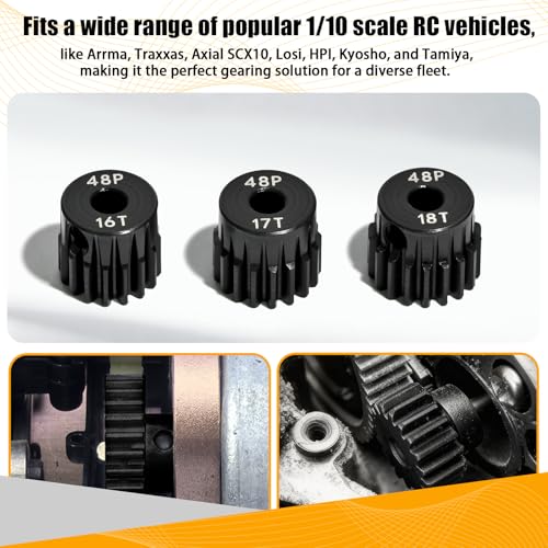 3PCS 48P Pinion Gear Set Hardened Steel 3.175mm Shaft 16T 17T 18T with Screws & Hex for 1/10 RC Arrma Traxxas HPI Kyosho Losi Axial SCX10 Tamiya Monster Truck Buggy Motor Upgrade Parts - size: 16 17 18T