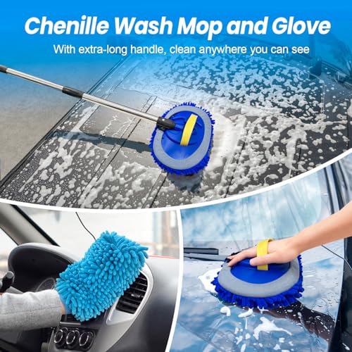 ARTIPOLY 65'' Five-Sided Car Wash Brush with Long Handle, Scratch-Free Car Cleaning Kit with Soft Wash Brush, Tire Brush, Window Squeegee, Car Wash Mitt, Microfiber Cleaning Head & Extension Pole - size: 65"
