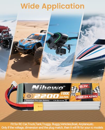 3S Lipo Battery 2200mAh 11.1V RC Lipo Battery Pack 100C with XT60 Plug Soft Case for RC Drone FPV Airplanes Multi-Motor Quadcopters Cars Trucks Boats Racing Models (2 Packs)