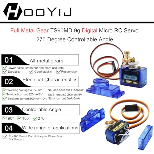 4 Pack Full Metal Gear TS90MD 9g Digital Micro RC Servo 270 Degree Upgrade SG90 Mini Servos Motor for Arduino RC Smart Car 450 Aircraft Plane Boat DIY Project PWM500-2500 Controllable Angle