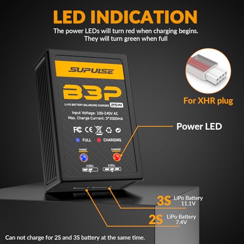 25W Lipo Battery Charger for 2S 3S rc Battery | AC 7.4-11.1V Balance Charger for XHR Plug Battery,Compact Charger for RC cars, plane
