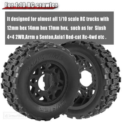 RC Truck Tires RC Wheels and Tires,12mm/14mm/17mm Hex RC Tires for 1/10 Slash 4×4 2WD,Arrm a Senton,Axia1 Red cat Rc 4wd,Off-Road Tire w/RC Wheels Hex,Black - color: Black(4pcs)