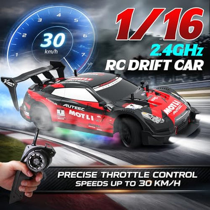Remote Control Car RC Drift Car 1:16 Scale 4WD RC Vehicle with LED Lights 2.4GHz 30km/h RTR High Speed Racing Sport Toy for Adults Boys Girls Kids Gift 2Pcs Rechargeable Battery