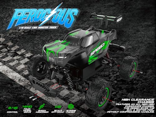 POCO DIVO 4WD Monster Truggy, 1/16 Ferocious RC Truck, 30kmph Radio Remote Control Racing Speed Sports Car, 4x4 Offroad Metal Gear Buggy, 12” Large All Terrain LED Vehicle with Rear Wing Spoilers