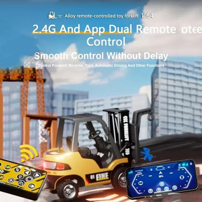 RC Forklift, 1/64 Scale Remote Control Forklift Cranes, 2.4Ghz Metal RC Truck, with Hook & Metal Fork, 2 Speed RC Construction Vehicle, APP Control, Toys for Adults Boys and Girls Gift
