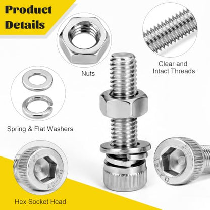 270pcs M5 Screws with Nuts Assortment kit, M5x8/10/12/16/20/25/30/35 mm 304 Stainless Steel Hex Socket Head Cap Screw Bolts Nuts Flat & Lock Washer Set - size: SS M5 270pcs