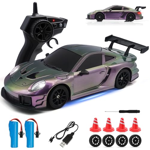 RC Drift Car, 1:24 4WD Remote Control Cars Vehicle with LED Light,2.4GHz 20KM/H High Speed RC Cars with Two Batteries & Drifting Tires Racing Sport Toy for Adults Boys Girls Kids - color: Purple