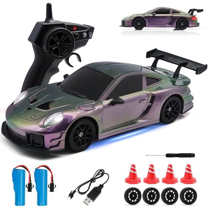 RC Drift Car, 1:24 4WD Remote Control Cars Vehicle with LED Light,2.4GHz 20KM/H High Speed RC Cars with Two Batteries & Drifting Tires Racing Sport Toy for Adults Boys Girls Kids - color: Purple