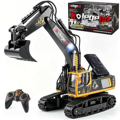 kolegend 1:18 Scale RC Excavator Toy with Metal Shovel, 11 Channels Remote Control Construction Truck, Real Digging on Dirt & Sand 2 Rechargeable Batteries Gift for Boys Girls Kids 6-12 Years Old - color: Black