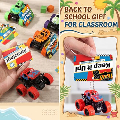 Skylety 12 Set Monster Truck Friction Powered Off-road Vehicle Set with Motivational Reward Cards Metal Chains Summer Incentive Gifts for End of the Year Early Learners Achievement Prizes Group