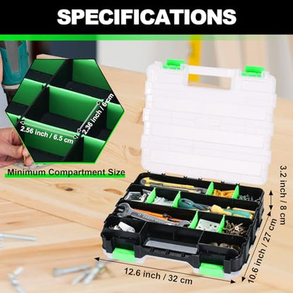 Tool Box with Transparent Lid, 2 Pack Hardware Organizer Box | Double Side 34 Compartments Hardware Organizers with Removable Plastic Dividers for Screws Nuts Nails, Small Parts Box - color: Green