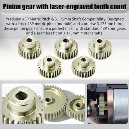 5Pcs 48P Aluminum Alloy Pinion Gear Set 3.175mm 23T 24T 25T 26T 27T Motor Pinion Gear W M4 Screw and Hex Key, Fit 3.175mm (1/8-Inch) Shaft, for Arrma HPI Kyosho Losi Axial Traxxas Tamiya 1/10 RC Car - size: 48P-P-3.175mm-23-27T