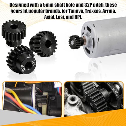 32P 19T RC Car Gear Set | 45# Steel Black Oxide | 5mm Bore +0.03mm | Precision Engineered Motor Pinion Gear Compatible with Traxxas/ARRMA/HPI/Kyosho (3-Pack with M4 Set Screws) - style: 3Pcs 19T