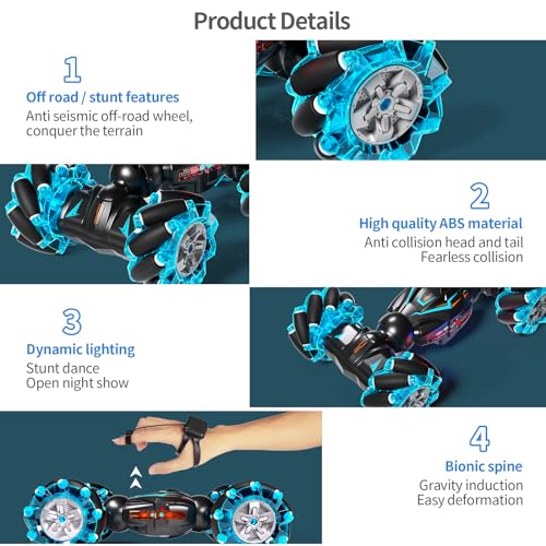 Deejoy 1:12 Gesture Sensing RC Stunt Car, 2.4GHz 4WD Hand Controlled Remote Control Car for Boys 8-12, Double Sided Rotating Off Road Vehicle 360° Flips with Lights Music for Birthday