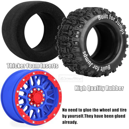 1/8 1/10 17mm Hex RC Truck Tires,Wheels and Tires for 1/10 E-Revo T-Maxx Summit,1/8 Kraton Outcast 6S,Sledge,Buggy Rubber Tyres and Rims w/Foam Insert for RC Off-Road Car,Navy Blue-Red - color: Navy Blue&red(4pcs)
