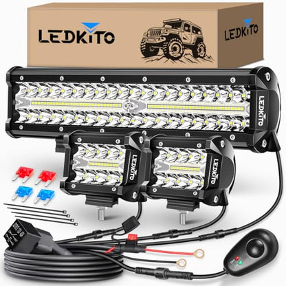12Inch LED Light Bar and 2PCS 4Inch LED Cube Pods Lights Off Road Driving Lights with Switch 3Lead Wiring Harness Kit Triple Row Spot Flood Combo Light Bar for Trucks SUV UTV ATV Truck Pickup - size: 12In+2PCS 4In LED Light Bar Kit