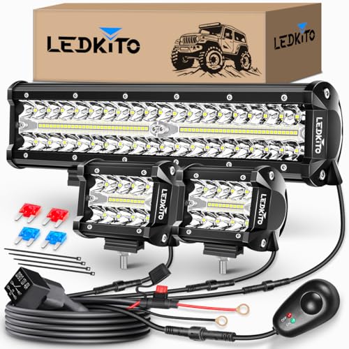 12Inch LED Light Bar and 2PCS 4Inch LED Cube Pods Lights Off Road Driving Lights with Switch 3Lead Wiring Harness Kit Triple Row Spot Flood Combo Light Bar for Trucks SUV UTV ATV Truck Pickup - size: 12In+2PCS 4In LED Light Bar Kit