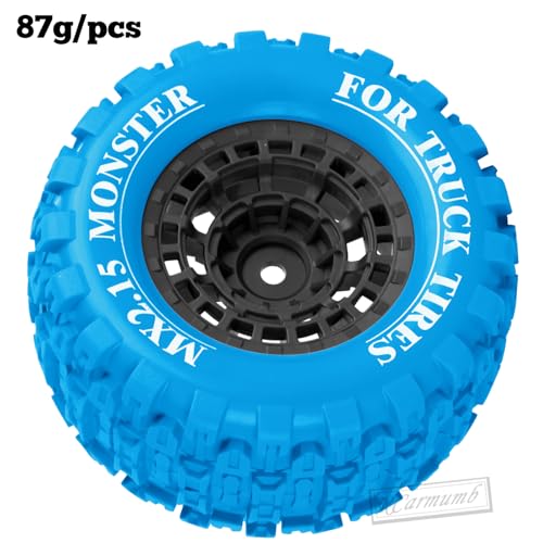100 * 52MM 1/16 RC Monster Truck Tires 12mm Hex Adapters All-Terrain Traction Tires fit for Mini Maxx/Mini XRT, MJX 16207/16208/16209/16210,HSP 94186,E-Revo,L0S1,1/18 Mini LMT,Blue&Black - color: Blue&black(4pcs)
