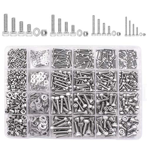 DYWISHKEY 1220 PCS M2 M3 M4 M5, 304 Stainless Steel Hex Socket Head Cap Bolts Screws Nuts Washers Assortment Kit with Hex Wrenches - color: silver-white