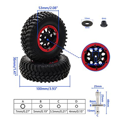 4-Pack 1.9 Inch Tires and Wheel Rims OD 100mm Off Road Rubber Tyre & Plastic 10-Holes Beadlock Rim 12mm Hex Hub for 1/10 RC Crawler Truck, Red