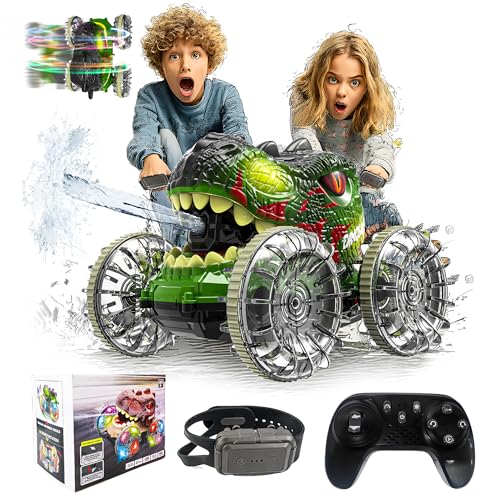 BEZGAR Monster Truck Toys - Dinosaur Toys with Light,Hand Gesture Sensing RC Cars for Water & Land with Water Gun, Monster Truck with 360° Spins and Drifting, Remote Control Car for Boys